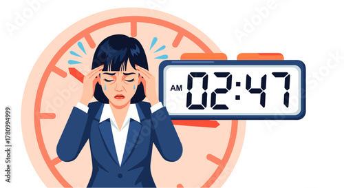 An Asian businesswoman experiences work-related stress and burnout, feeling overwhelmed while working late into the night, highlighting the challenges of modern work.