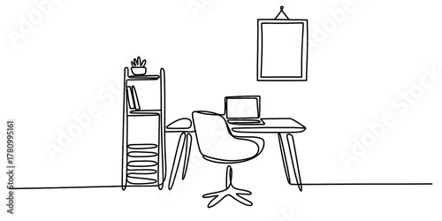 Continuous line drawing of a modern minimalist home office workspace with a desk, chair, laptop, bookshelf, and framed picture for remote work