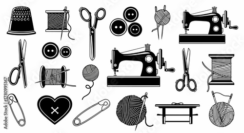 Engraved style sewing and needlework tools collection vector illustration. Handmade hobby icons set