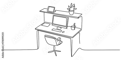 Modern home office workspace, continuous line art. computer, desk, chair, tablet, plant. represents remote work, study, digital productivity and efficiency themes.