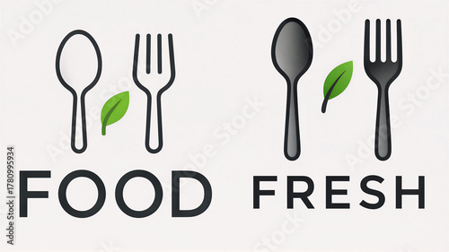 Minimalist Food Logo Typography with Spoon Fork and Leaf Symbol on White Background