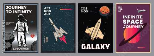 Space Exploration Posters. Retro vector designs featuring astronauts, rockets, planets, and cosmic scenery. Ideal for covers, banners, posters, and space and the universe