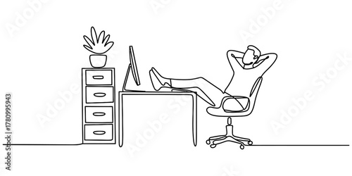 Man relaxing in office, feet on desk, hands behind head. continuous line drawing illustration of work-life balance and break time at home or office scene.