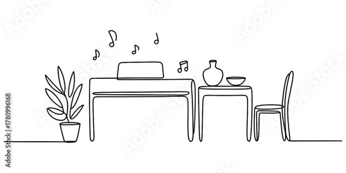 Continuous line art of a minimalist interior. piano with music notes, potted plant, side table with vase and bowl, and a chair. modern decor style.