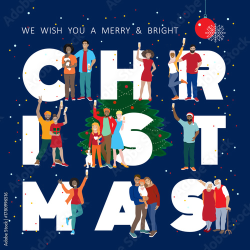 Christmas greeting square poster with diverce people and families near big letters. Vector flat illustration of happy young and elderly people and kids staying around decorated fir tree, celebrating
