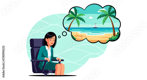 An Asian businesswoman experiences burnout and stress while at work, daydreaming about a tropical beach vacation to escape her overwhelming office life.