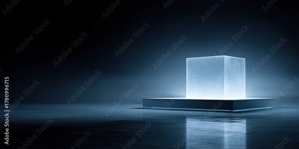 Obraz premium Mysterious glowing cube in a dark space with a reflective surface surrounded by soft light
