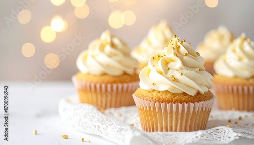 Golden Sparkle Cupcakes Delightful vanilla cakes topped with creamy white frosting and edible pearls for a festive treat