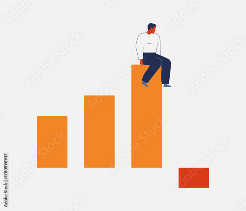 businessman sitting on falling graph and looking down. economy crisis concept with loss money chart. bankruptcy and financial depression. vector illustration