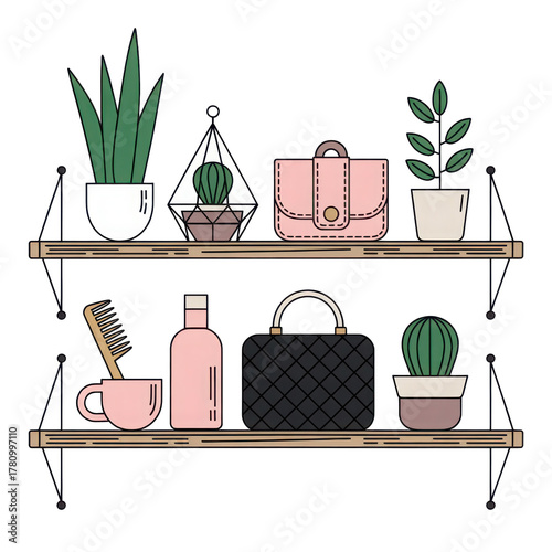 Modern shelf decor with plants and fashion accessories isolated on transparent background