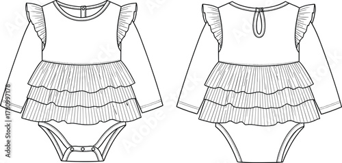 Infant Baby Girl Tiered Ruffle Skirt Bodysuit, Long Sleeves, Technical Flat Drawing, Front and Back CAD Views, Vector Fashion Sketch.