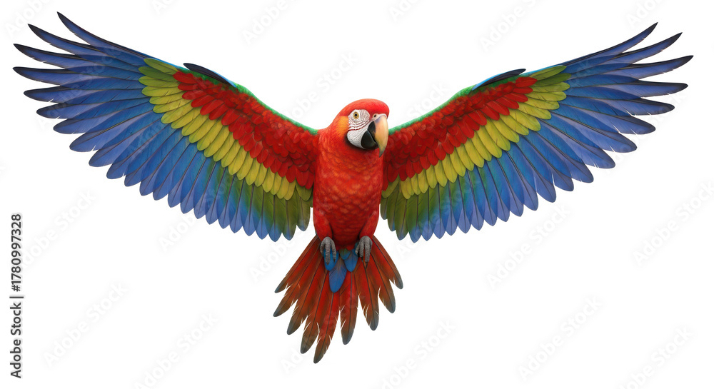 Fototapeta premium Vibrant scarlet macaw parrot in full flight with wings spread wide showing colorful plumage isolated on transparent background