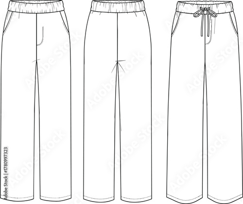 Women's Wide Leg Lounge Pants, Cropped Style Technical Flat Sketch, Front, Back, and Drawstring Views, Vector Fashion Illustration, Apparel CAD.