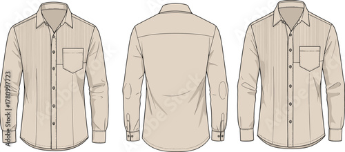 Technical fashion sketch, long sleeve shirt, front view, back view, side view, garment design, apparel illustration, flat drawing, clothing template