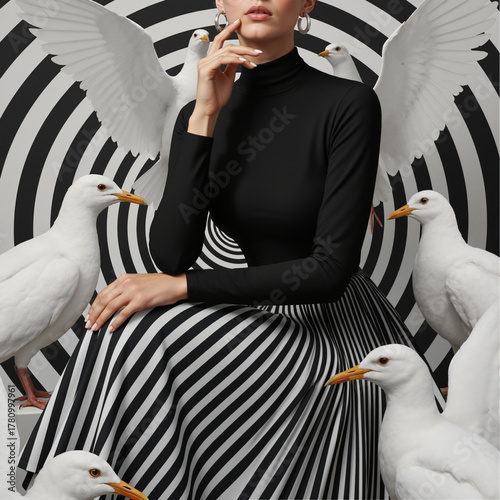 An elegant woman in striped fashion surrounded by white birds. Surreal avant-garde portrait with a graphic black and white background. Modern high fashion and art concept.