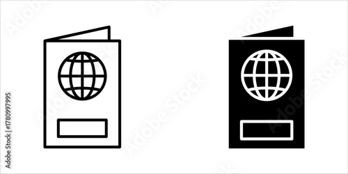 global-passport-icon set. Black icon of a passport featuring a globe symbol, representing international travel, identity, immigration, or tourism concept.