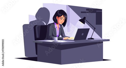 An adult Asian businesswoman experiences stress and burnout while working late at her desk, illuminated by a dim lamp and her laptop screen.