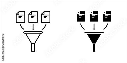 Black icon set. showing multiple documents being filtered through a funnel, symbolizing data processing, document sorting, or information filtering in digital systems.