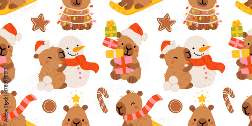 Cute Christmas capybara seamless pattern, funny winter animals with Santa hats, gifts, snowman, Christmas tree, and lights. Cozy holiday background. Flat cartoon vector illustration for New Year