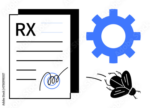 RX paper with signature, blue gear symbol, black fly in motion. Ideal for healthcare, system error, workflow, efficiency, technology inspection bugs. Simple flat metaphor