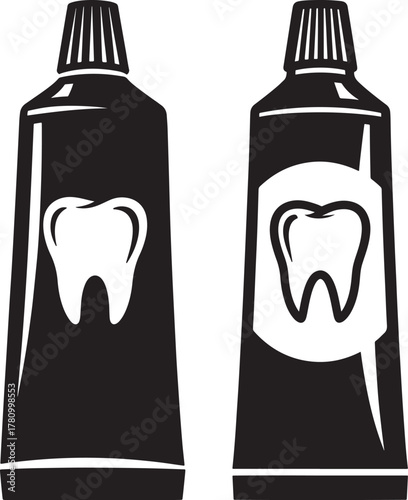 Two toothpaste tubes with tooth icons silhouette isolated on white background