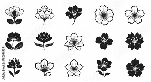 A curated collection of minimalist black flower icons and blossom symbols, a versatile vector illustration