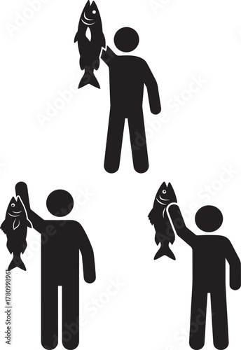 Three fishermen holding their catch silhouette isolated on white background