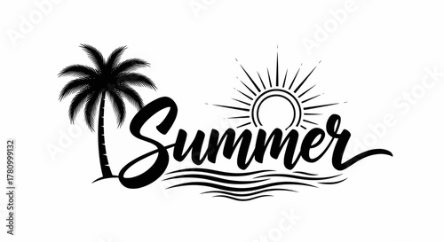 Summer calligraphy logo with tropical palm tree silhouette and ocean waves, sunburst vector illustration