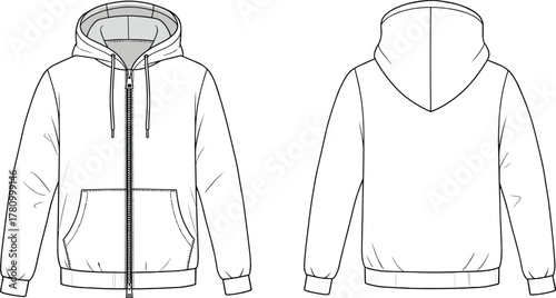 Technical hoodie sketch, zip-up sweatshirt drawing, fashion flat illustration, garment design template, apparel vector, hoodie front back view