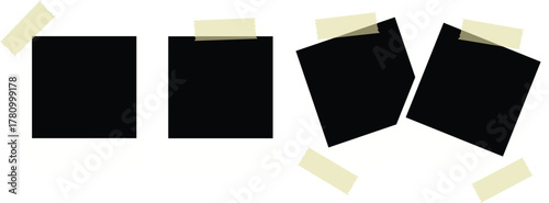 Realistic empty photo card frame, film set. Retro vintage photograph with transparent adhesive tape and paper clip. Digital snapshot image. Template or mockup for design. Vector illustration.