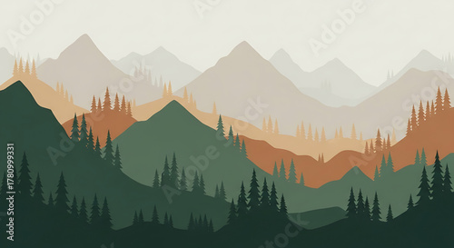 Mountain Landscape Illustration with Forest and Trees Silhouette Background