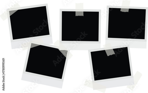 Realistic empty photo card frame, film set. Retro vintage photograph with transparent adhesive tape and paper clip. Digital snapshot image. Template or mockup for design. Vector illustration.