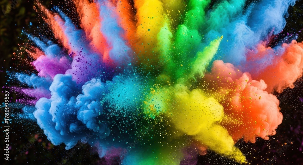 Fototapeta premium Exploding Rainbow Powder Cloud - Vibrant Color Burst Against Black Background.