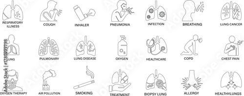 Line art vector icon of diseased human lungs showing respiratory illness, infection, and medical healthcare concept..