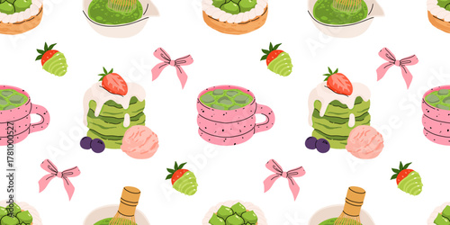 Matcha seamless pattern, cute green tea drinks, boba cups, matcha latte, mochi, macarons and desserts. Kawaii Japanese sweets and beverages vector illustration for cafe, packaging, textile, wallpaper.