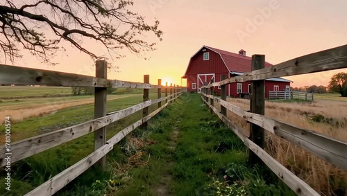 Golden Hour Journey: A tranquil path guides the eye through a rustic wooden fence towards a classic red barn bathed in the warm glow of a countryside sunset.