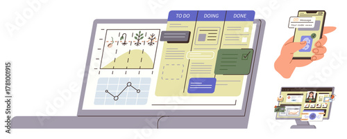 Laptop displaying task boards, project analytics graphs, and a hand using a mobile phone, alongside a group video call workspace. Ideal for productivity, organization, teamwork, communication