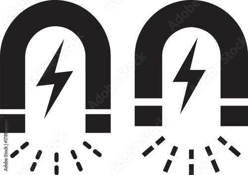 Two horseshoe magnets with lightning bolts and magnetic field lines silhouette isolated on white background