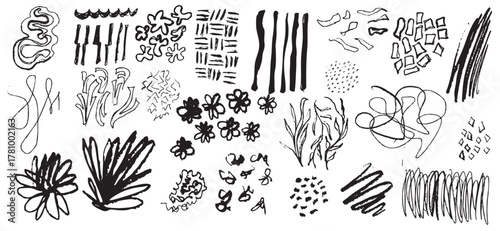 Trendy hand-drawn doodle elements with bold brush strokes and organic shapes, perfect for creative branding, packaging, and holiday decor. Vector illustration