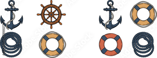 Nautical Themed Illustrations of Anchors Ships Wheel Lifebuoys and Ropes untitled