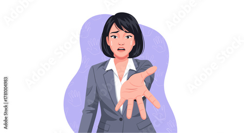 A young adult Asian businesswoman experiences stress and burnout in her workplace, reaching out with an expression of desperation and overwhelming pressure.