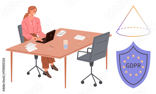 Woman typing on laptop at office desk, GDPR shield symbol, and cone diagram representing data privacy. Ideal for themes thumbs up privacy, data security, regulation, office work, IT, compliance