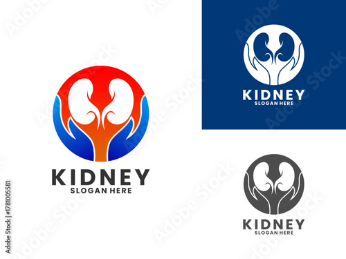 Kidney care combination with hand and circle logo design vector template. Kidney logo design vector