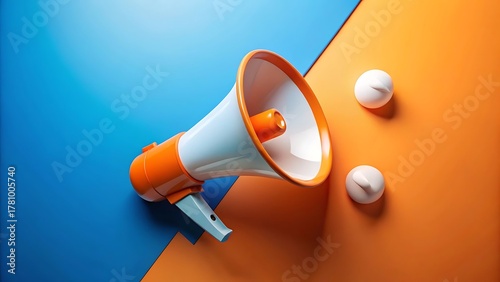 Modern megaphone with orange and white colors on a split blue and orange background