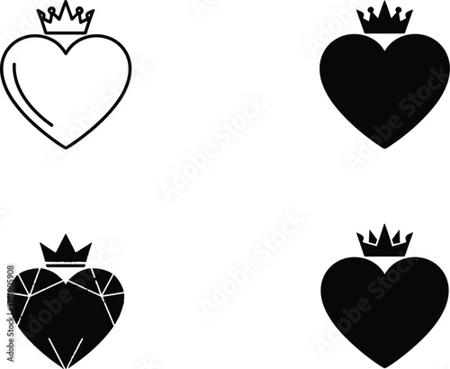Symbolic heart with crown icon set: love, royalty, king, queen.