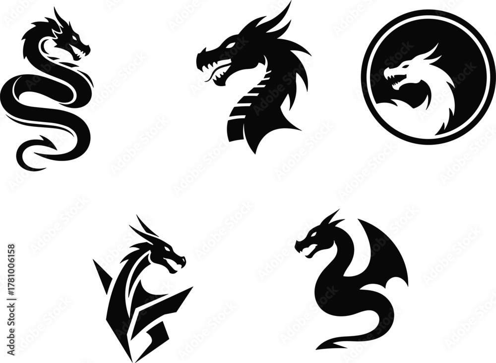 Naklejka premium Five distinct dragon head and full-body silhouette vector designs