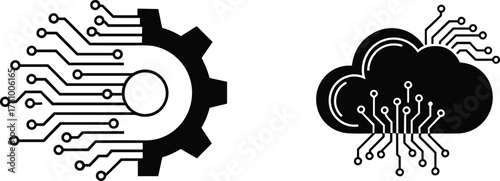 Digital gear and cloud computing icons illustrating tech process