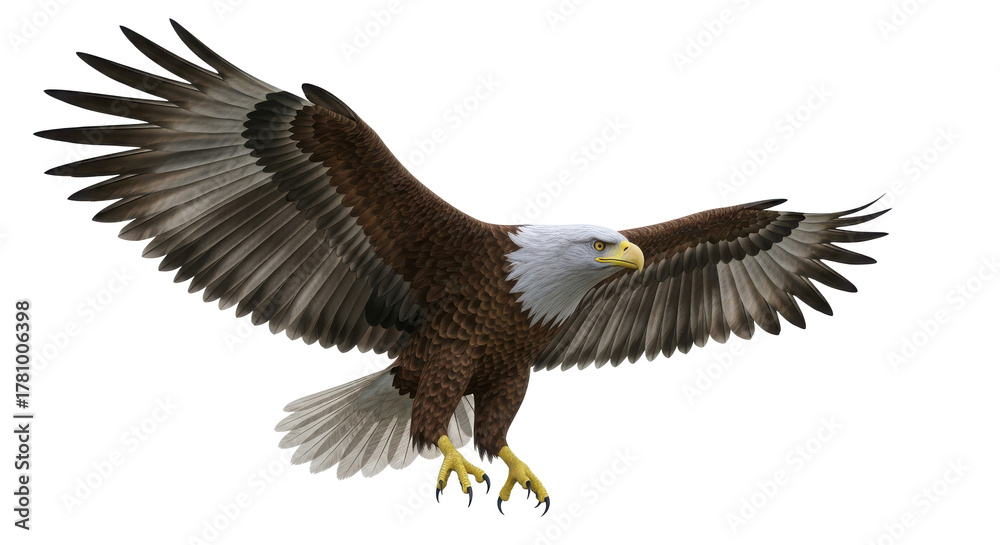 Fototapeta premium Majestic bald eagle in flight with wings spread wide capturing its powerful presence isolated on transparent background