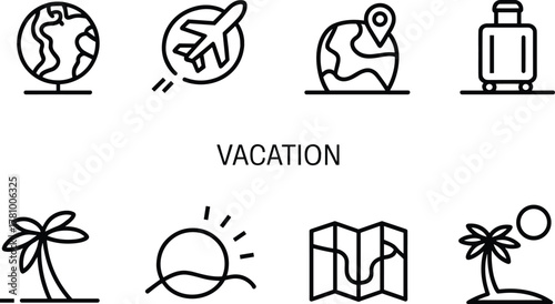 Travel and vacation icons including globe, airplane, suitcase, and map holiday earth