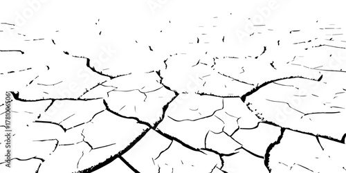 Black and white cracked dry soil texture background, broken earth drought surface pattern, climate change parched ground nature concept, abstract environmental disaster illustration for design use.